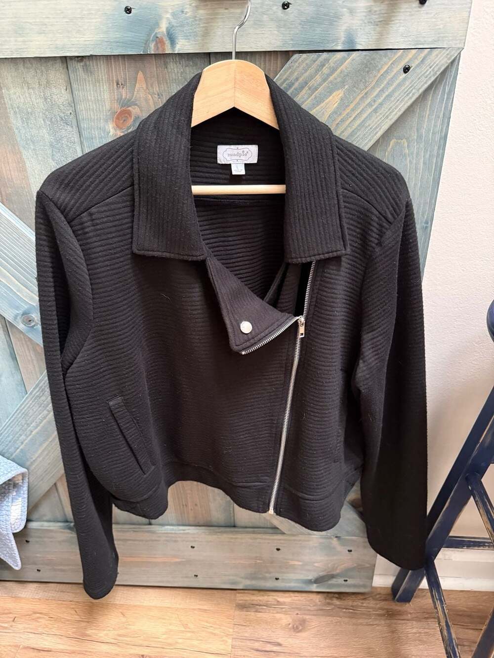Mud Pie Black Ribbed Knit Asymmetrical Zip Moto Jacket Size L